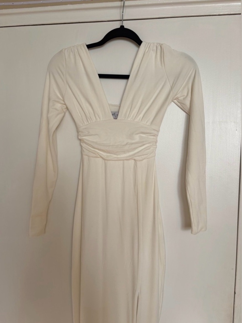 Oh Polly Cream Long Sleeve V-Neck Ruched Waist Dress